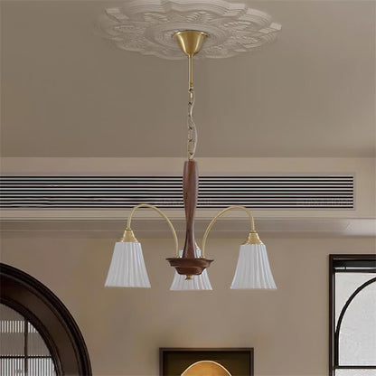 Sophie Chandelier, Elegant Brass and Dark Wood with Fabric Shades
