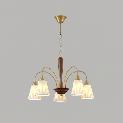 Sophie Chandelier, Elegant Brass and Dark Wood with Fabric Shades