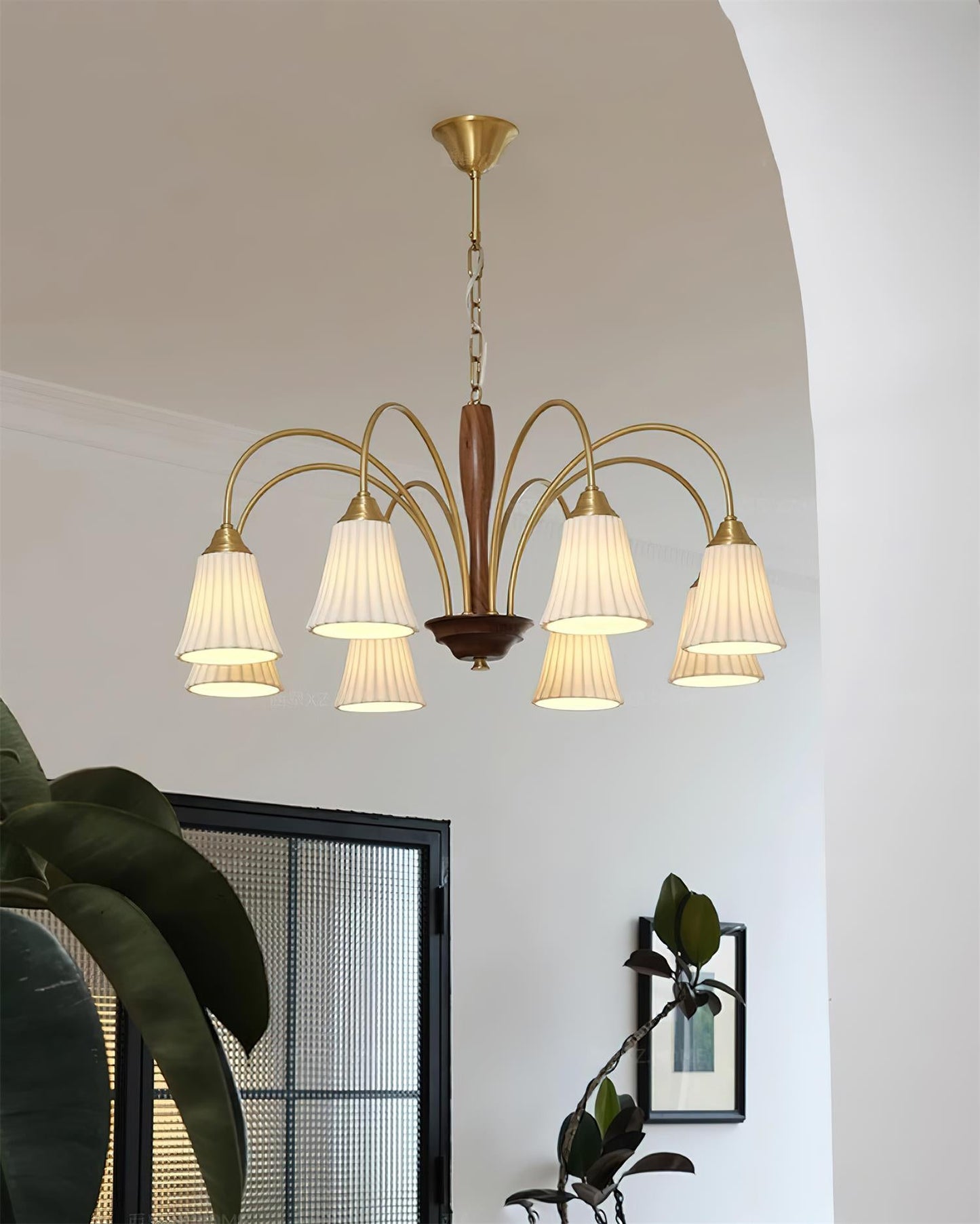 Sophie Chandelier, Elegant Brass and Dark Wood with Fabric Shades