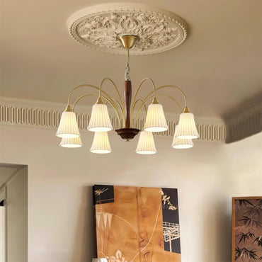 Sophie Chandelier, Elegant Brass and Dark Wood with Fabric Shades
