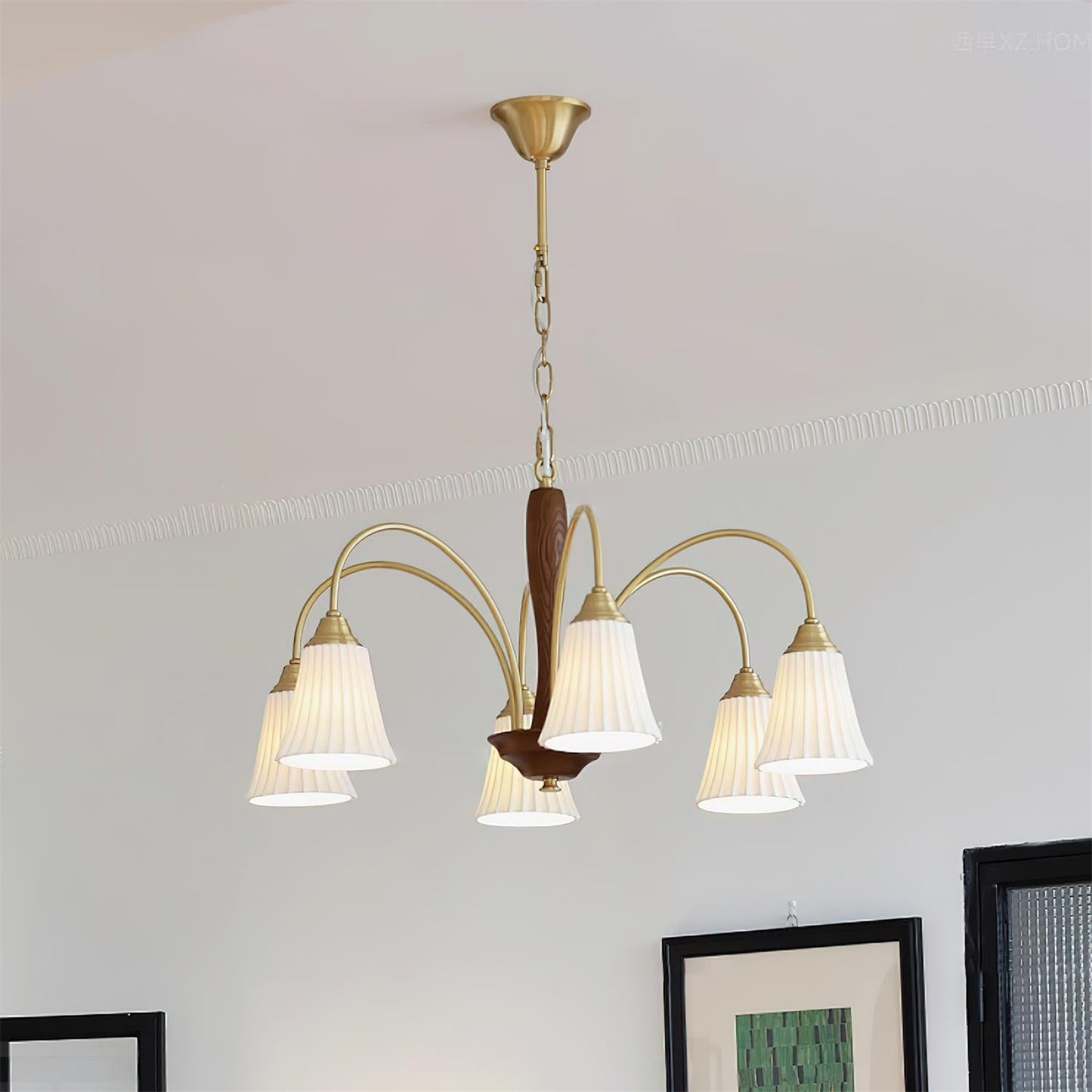 Sophie Chandelier, Elegant Brass and Dark Wood with Fabric Shades