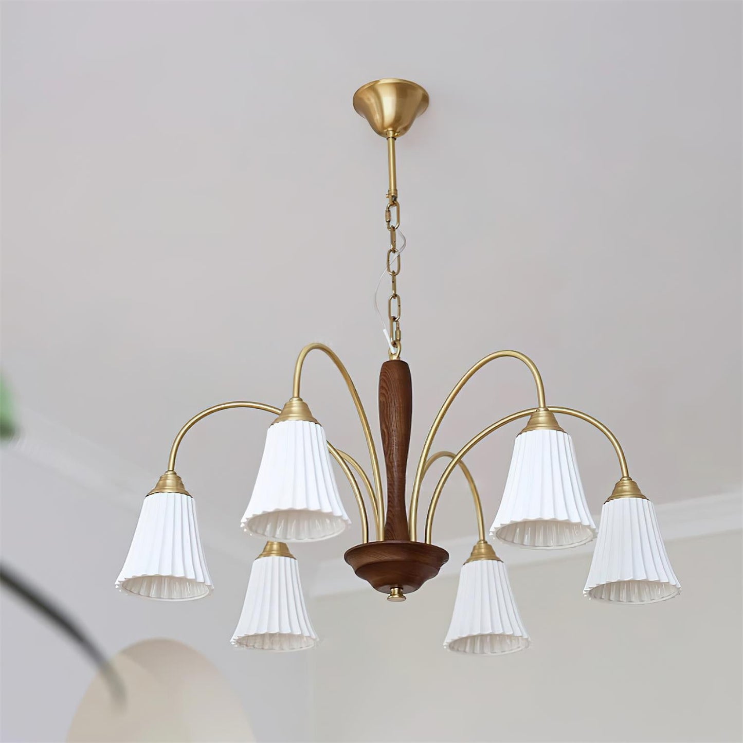 Sophie Chandelier, Elegant Brass and Dark Wood with Fabric Shades