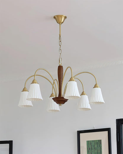 Sophie Chandelier, Elegant Brass and Dark Wood with Fabric Shades