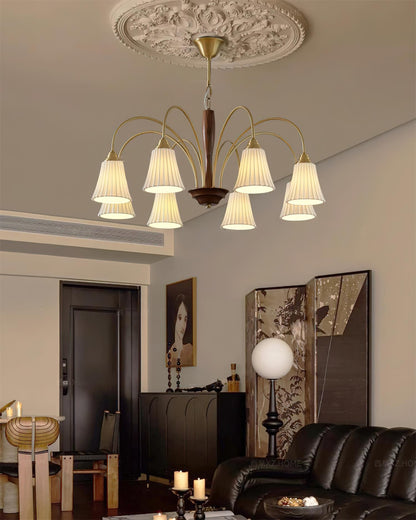 Sophie Chandelier, Elegant Brass and Dark Wood with Fabric Shades