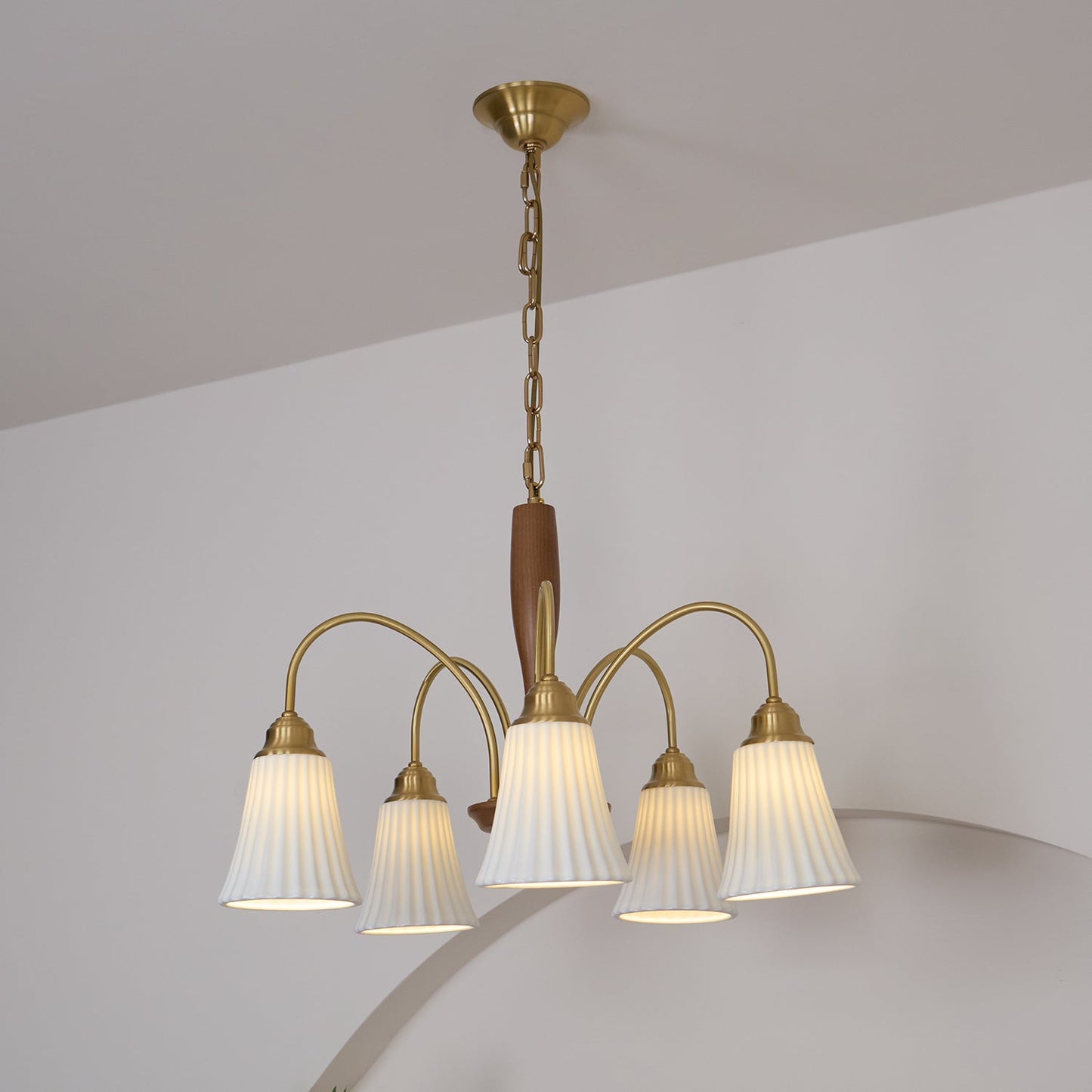 Sophie Chandelier, Elegant Brass and Dark Wood with Fabric Shades