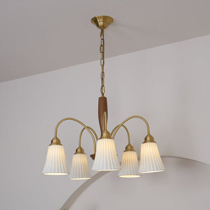 Sophie Chandelier, Elegant Brass and Dark Wood with Fabric Shades