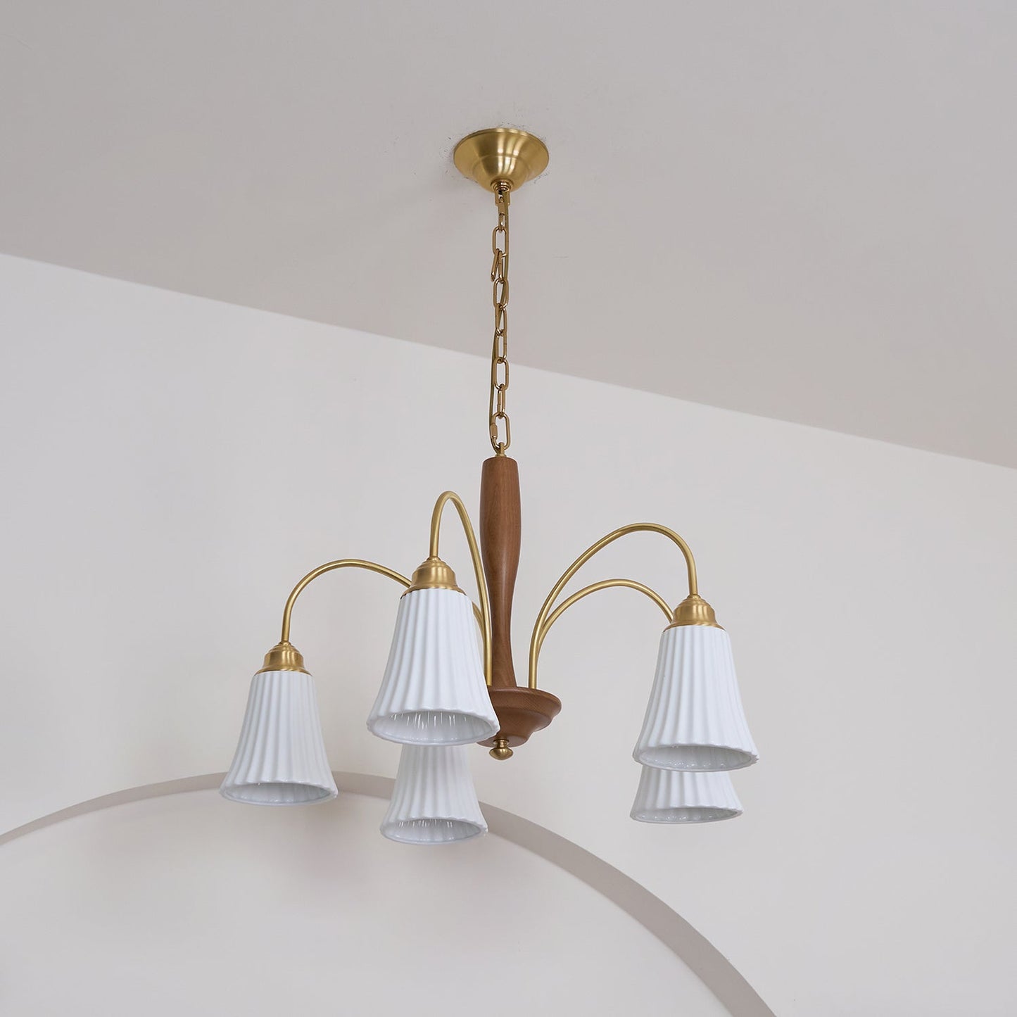 Sophie Chandelier, Elegant Brass and Dark Wood with Fabric Shades