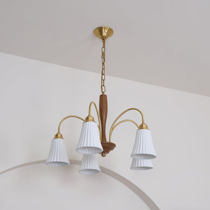 Sophie Chandelier, Elegant Brass and Dark Wood with Fabric Shades