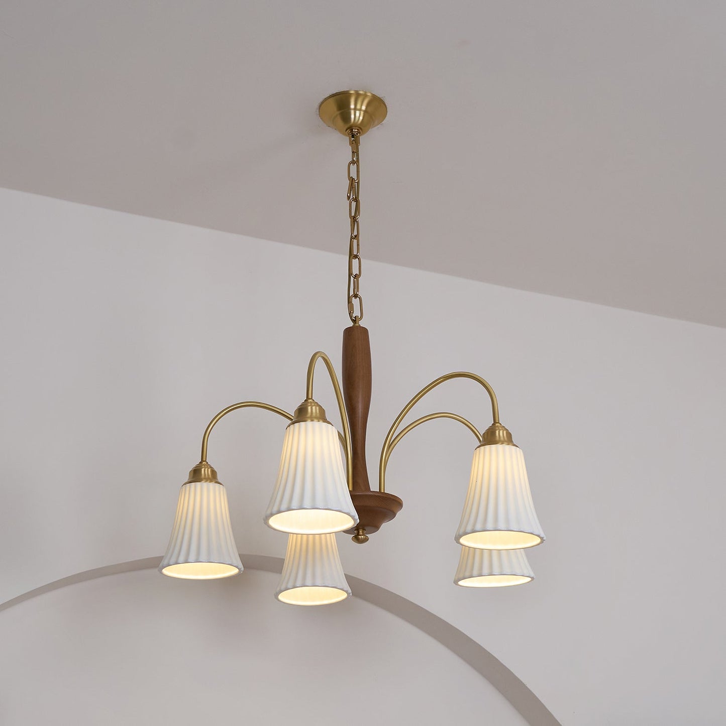 Sophie Chandelier, Elegant Brass and Dark Wood with Fabric Shades