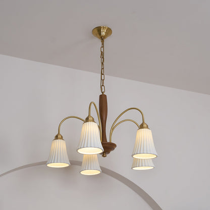 Sophie Chandelier, Elegant Brass and Dark Wood with Fabric Shades
