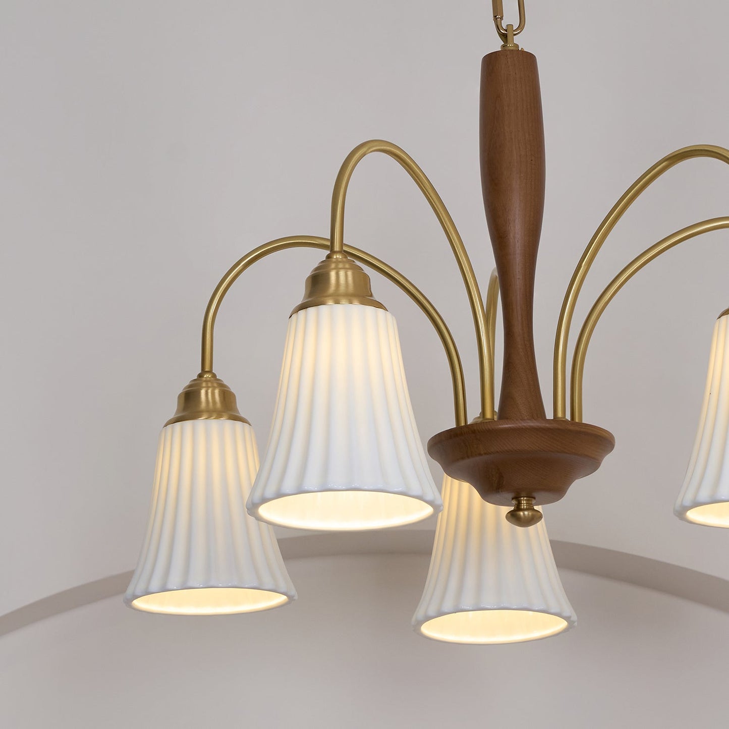 Sophie Chandelier, Elegant Brass and Dark Wood with Fabric Shades