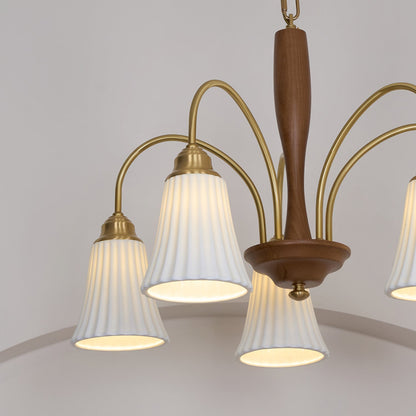 Sophie Chandelier, Elegant Brass and Dark Wood with Fabric Shades
