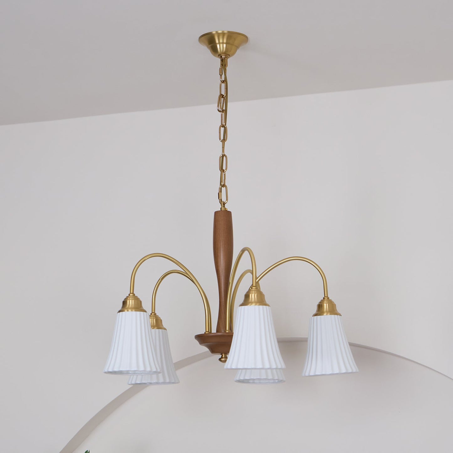 Sophie Chandelier, Elegant Brass and Dark Wood with Fabric Shades