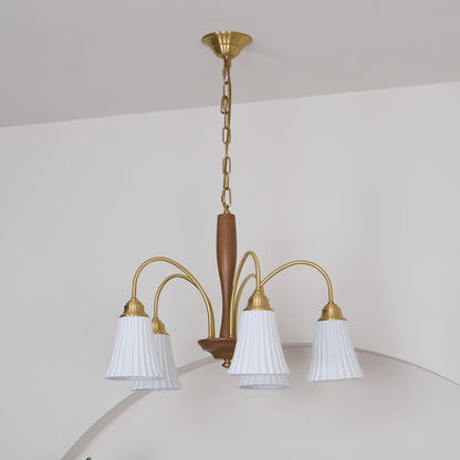 Sophie Chandelier, Elegant Brass and Dark Wood with Fabric Shades