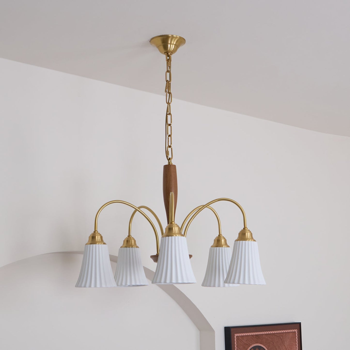 Sophie Chandelier, Elegant Brass and Dark Wood with Fabric Shades