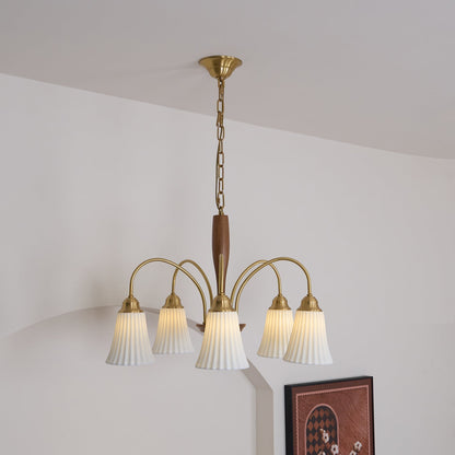 Sophie Chandelier, Elegant Brass and Dark Wood with Fabric Shades