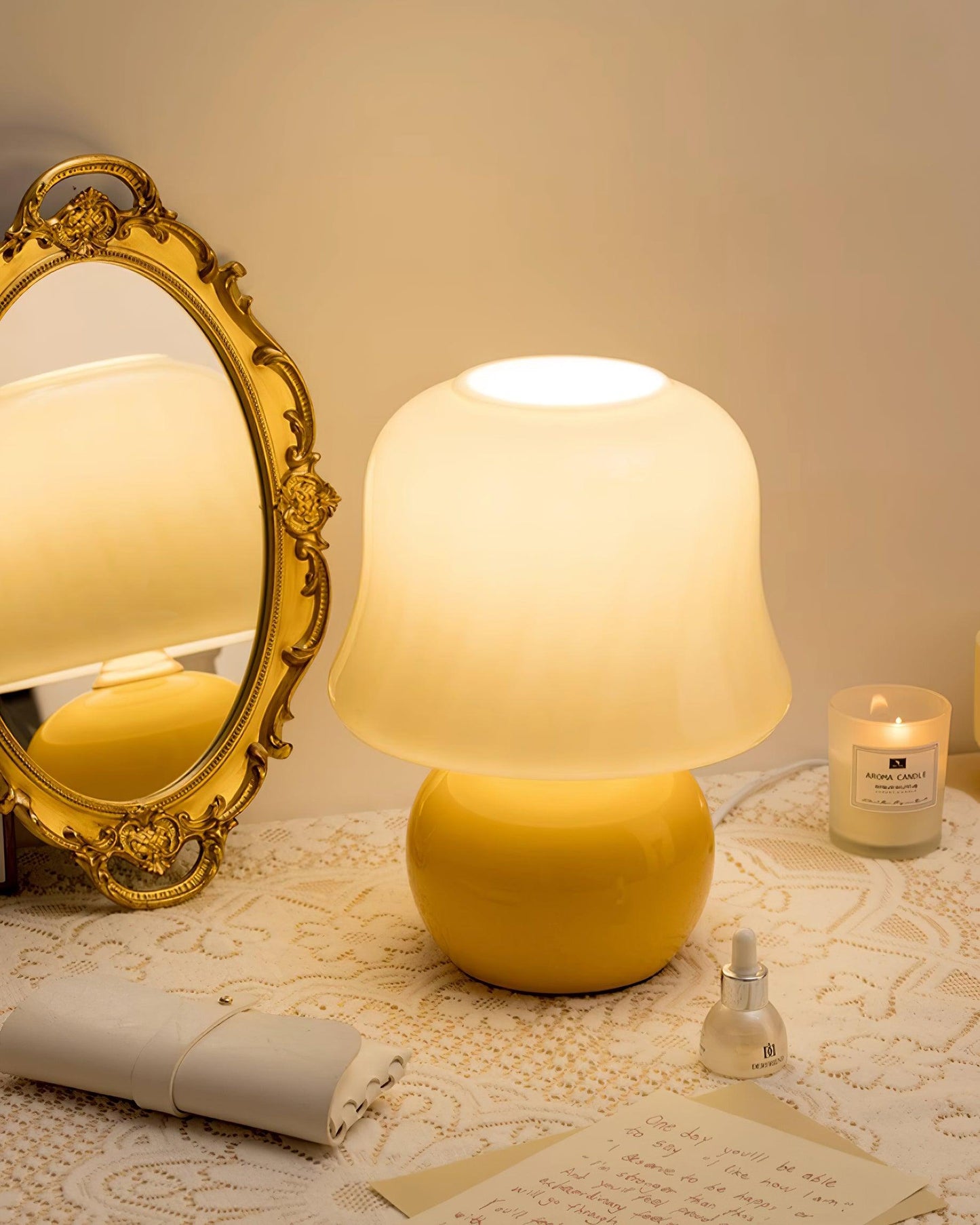Giulia Cream Mushroom Table Lamp with Enamel Glass Shade