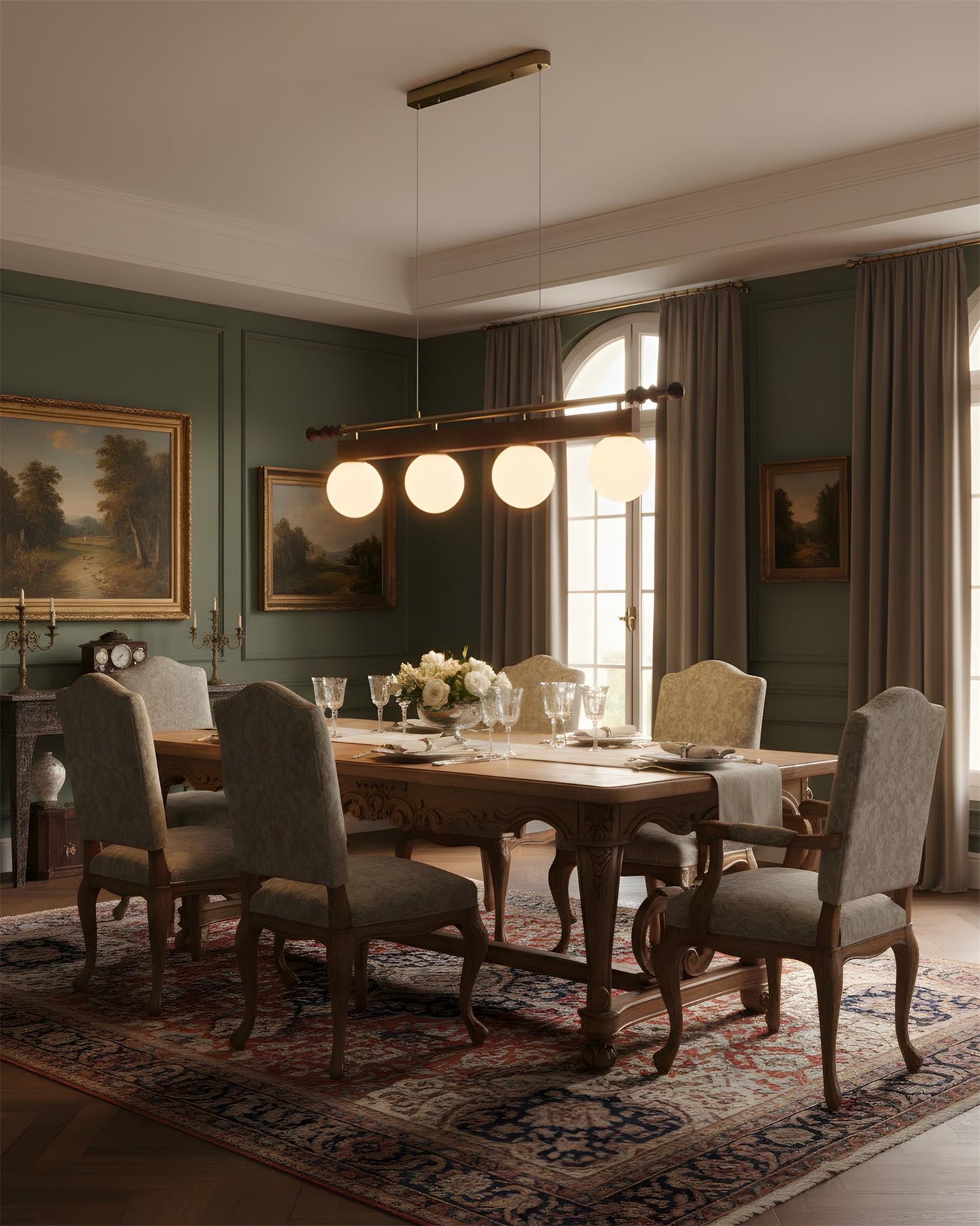 Adrienne Linear Chandelier, Opal Glass Globes with Wood Beam