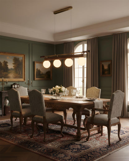 Adrienne Linear Chandelier, Opal Glass Globes with Wood Beam