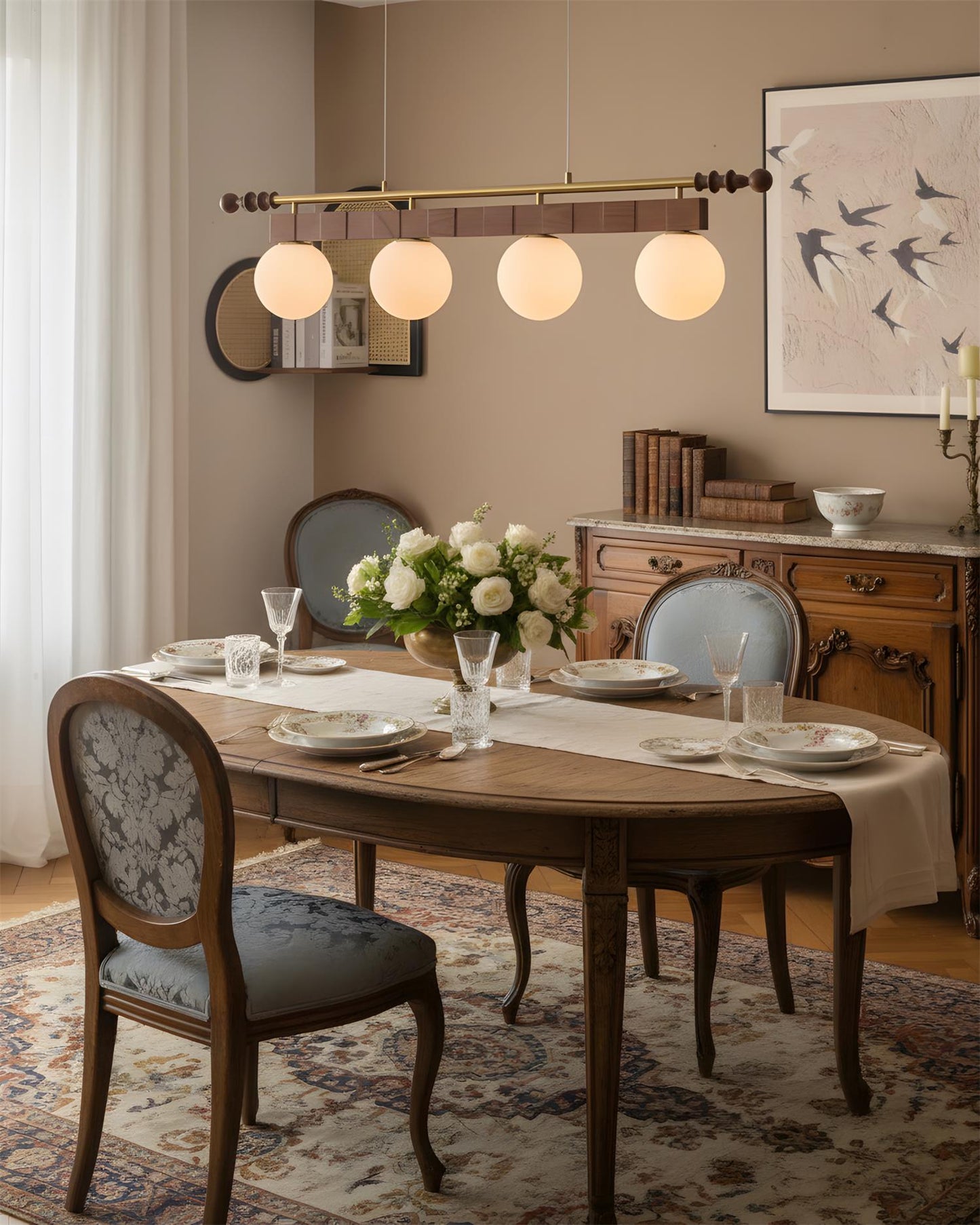 Adrienne Linear Chandelier, Opal Glass Globes with Wood Beam