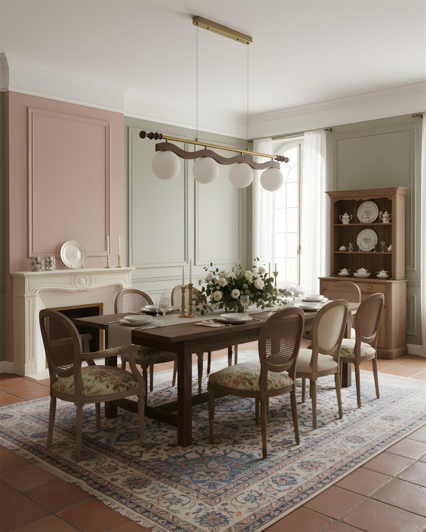 Adrienne Linear Chandelier, Opal Glass Globes with Wood Beam