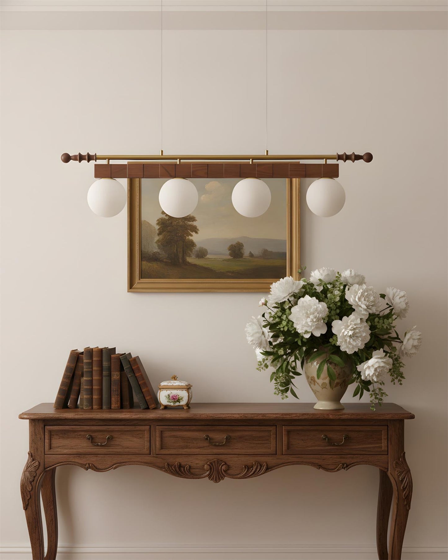 Adrienne Linear Chandelier, Opal Glass Globes with Wood Beam