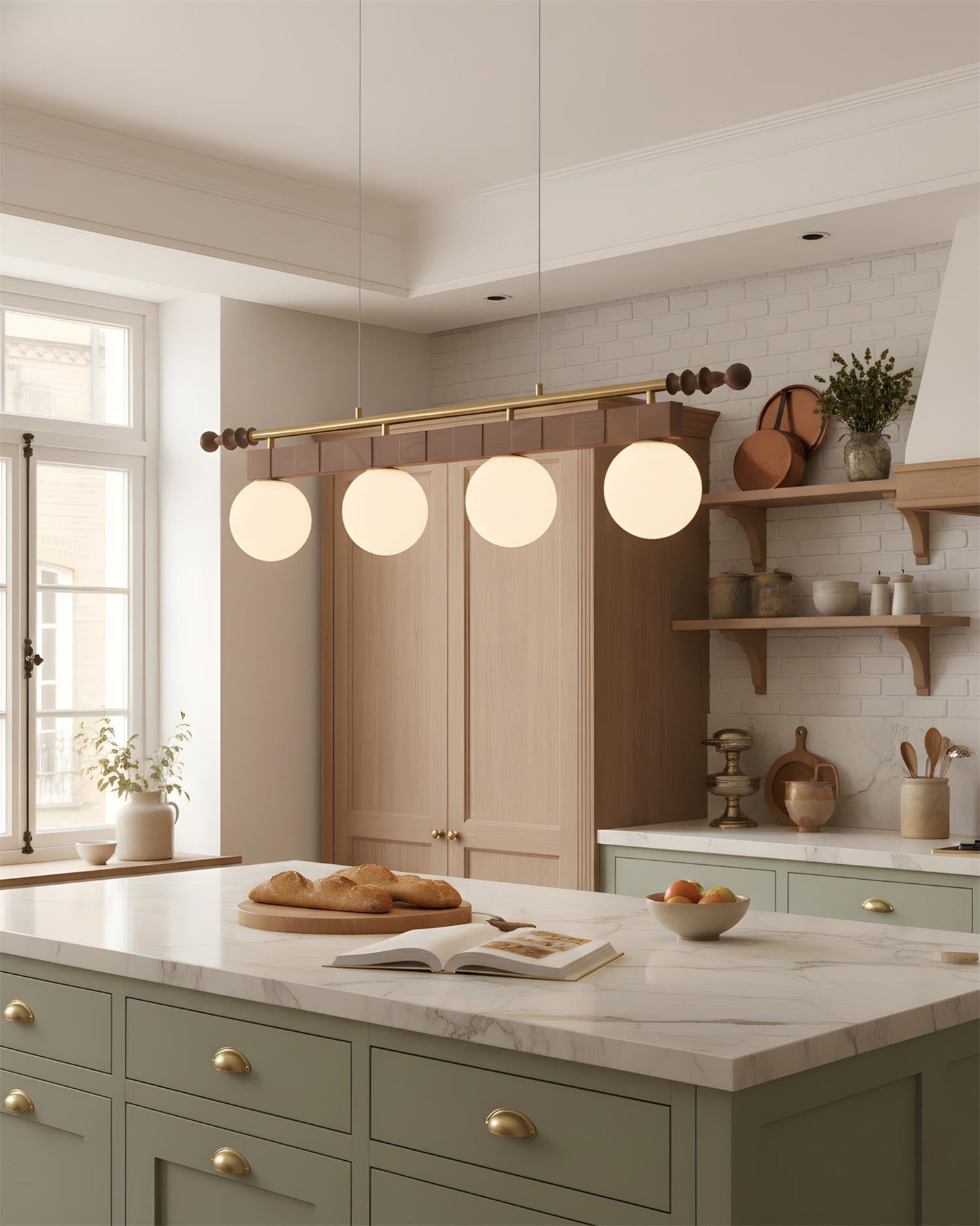 Adrienne Linear Chandelier, Opal Glass Globes with Wood Beam