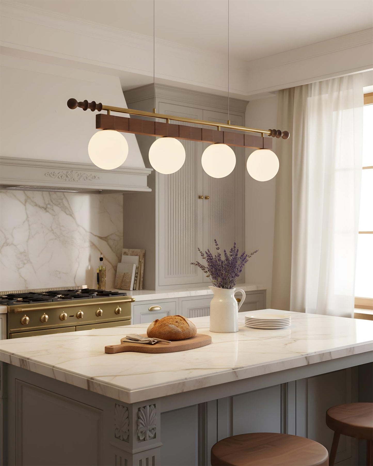 Adrienne Linear Chandelier, Opal Glass Globes with Wood Beam