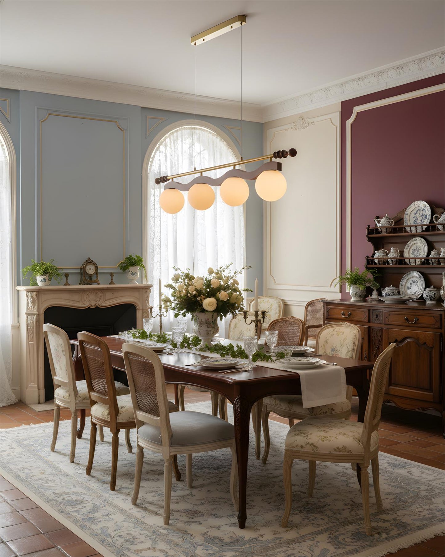 Adrienne Linear Chandelier, Opal Glass Globes with Wood Beam