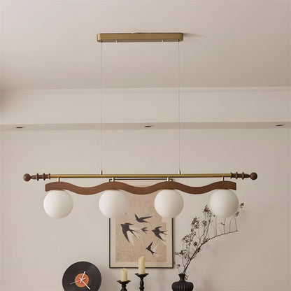 Adrienne Linear Chandelier, Opal Glass Globes with Wood Beam