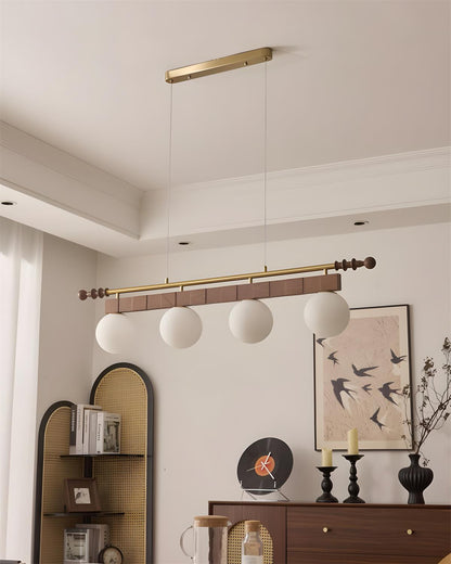 Adrienne Linear Chandelier, Opal Glass Globes with Wood Beam