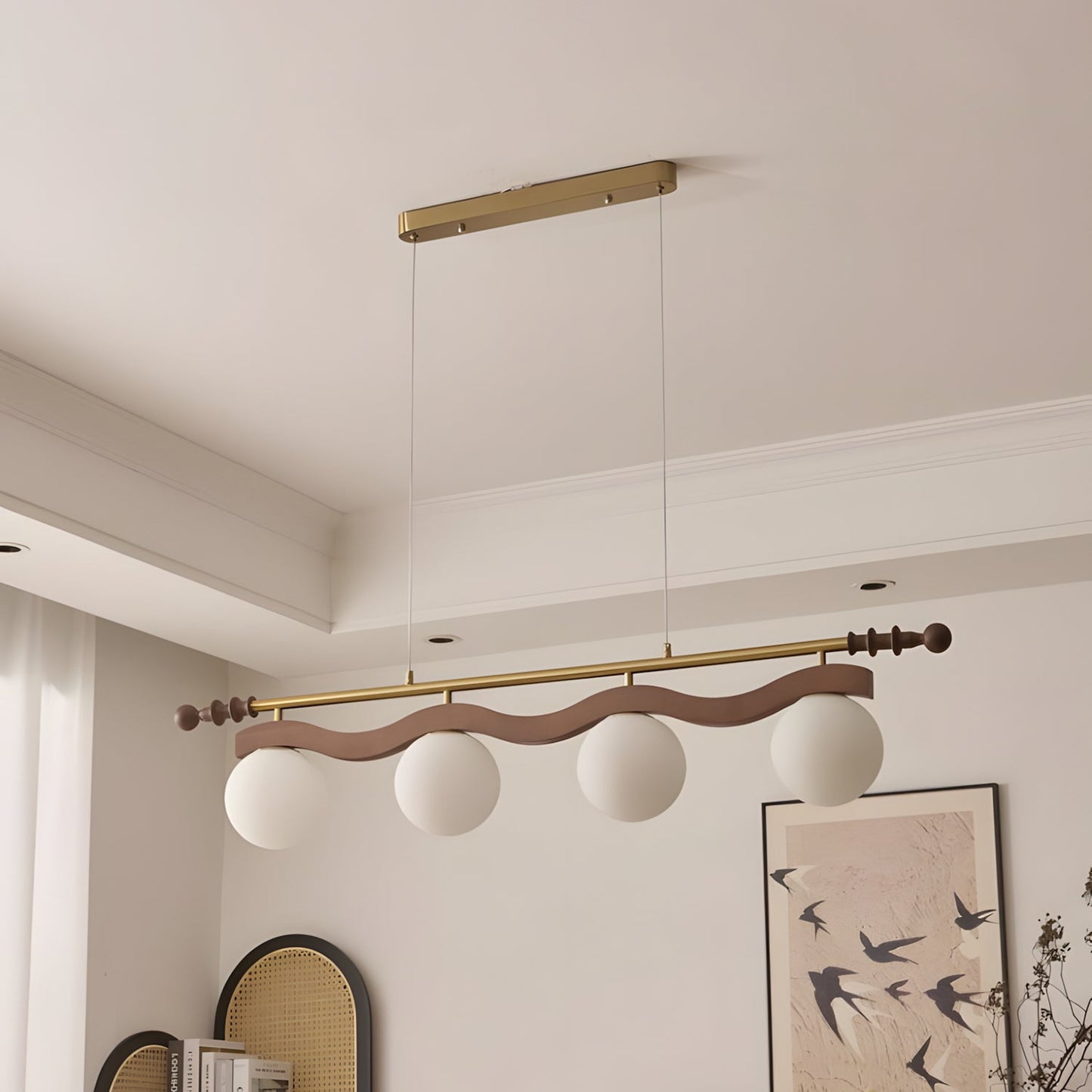Adrienne Linear Chandelier, Opal Glass Globes with Wood Beam