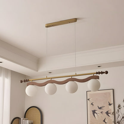 Adrienne Linear Chandelier, Opal Glass Globes with Wood Beam