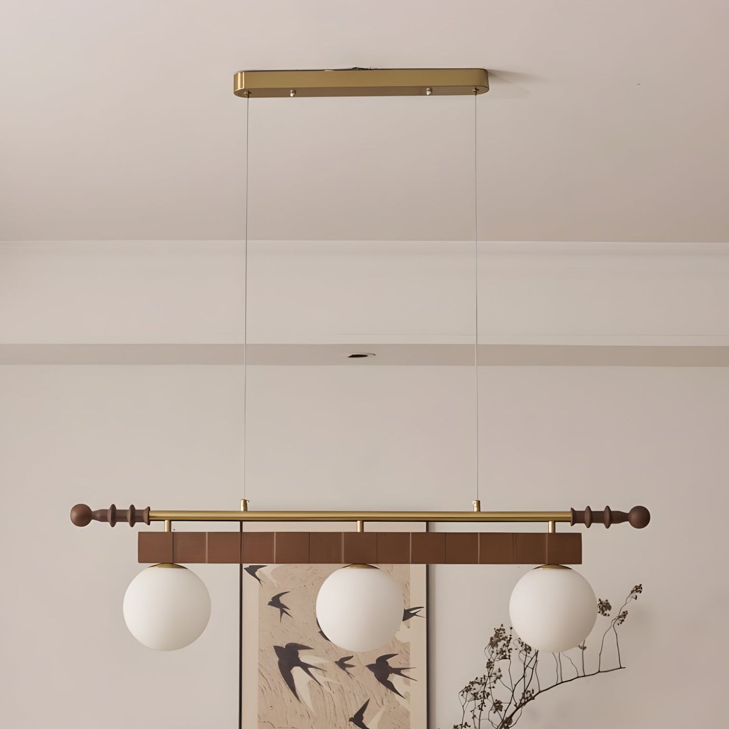 Adrienne Linear Chandelier, Opal Glass Globes with Wood Beam
