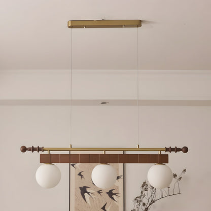 Adrienne Linear Chandelier, Opal Glass Globes with Wood Beam