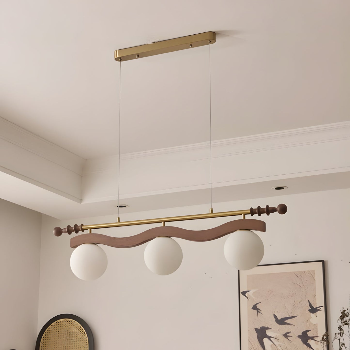 Adrienne Linear Chandelier, Opal Glass Globes with Wood Beam