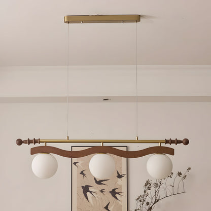 Adrienne Linear Chandelier, Opal Glass Globes with Wood Beam