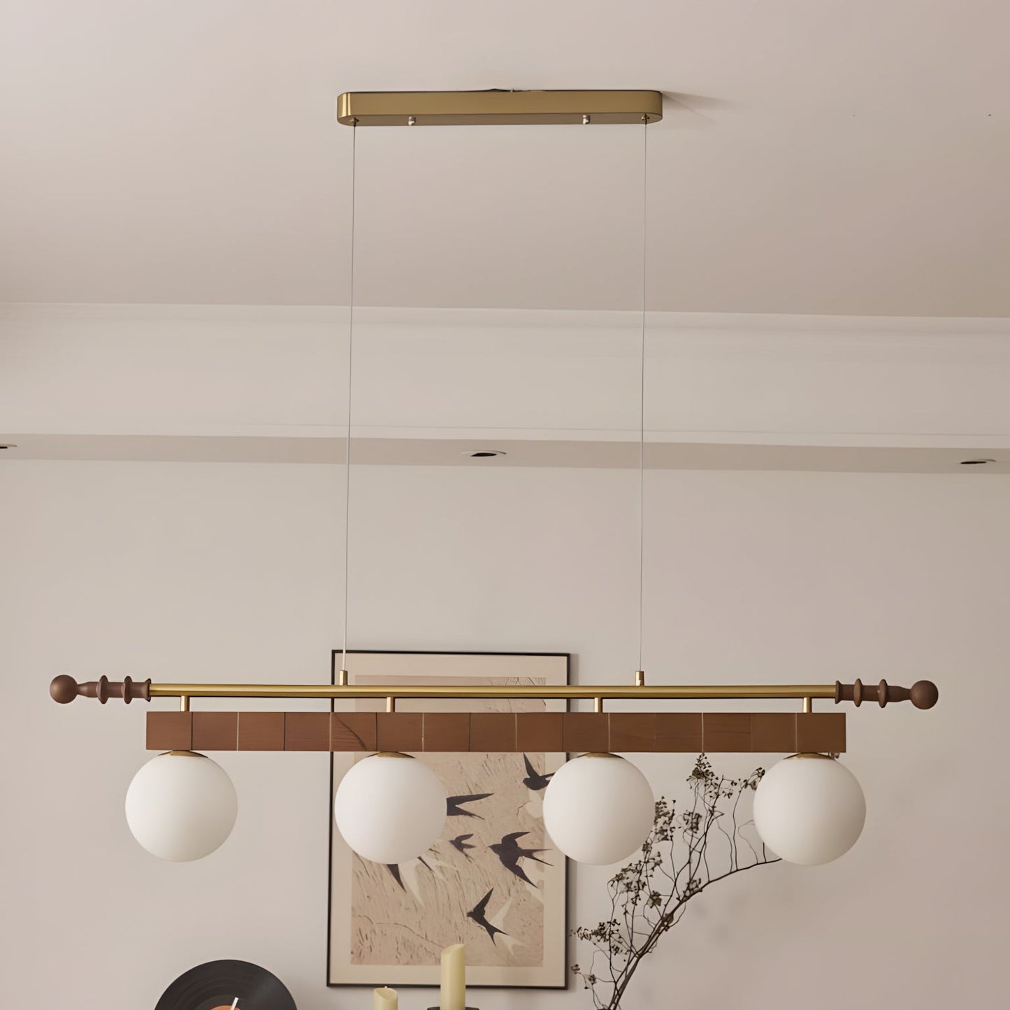 Adrienne Linear Chandelier, Opal Glass Globes with Wood Beam