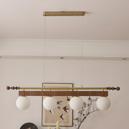Adrienne Linear Chandelier, Opal Glass Globes with Wood Beam