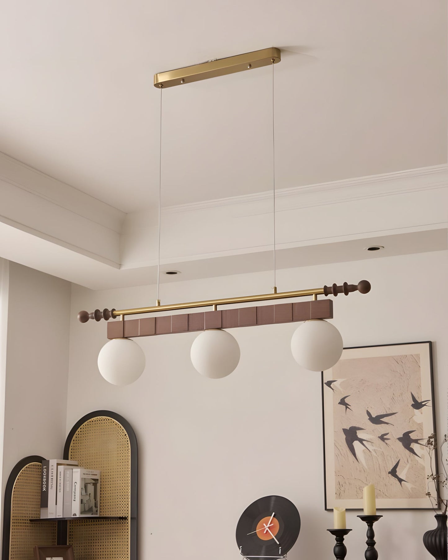 Adrienne Linear Chandelier, Opal Glass Globes with Wood Beam