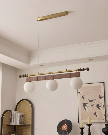 Adrienne Linear Chandelier, Opal Glass Globes with Wood Beam