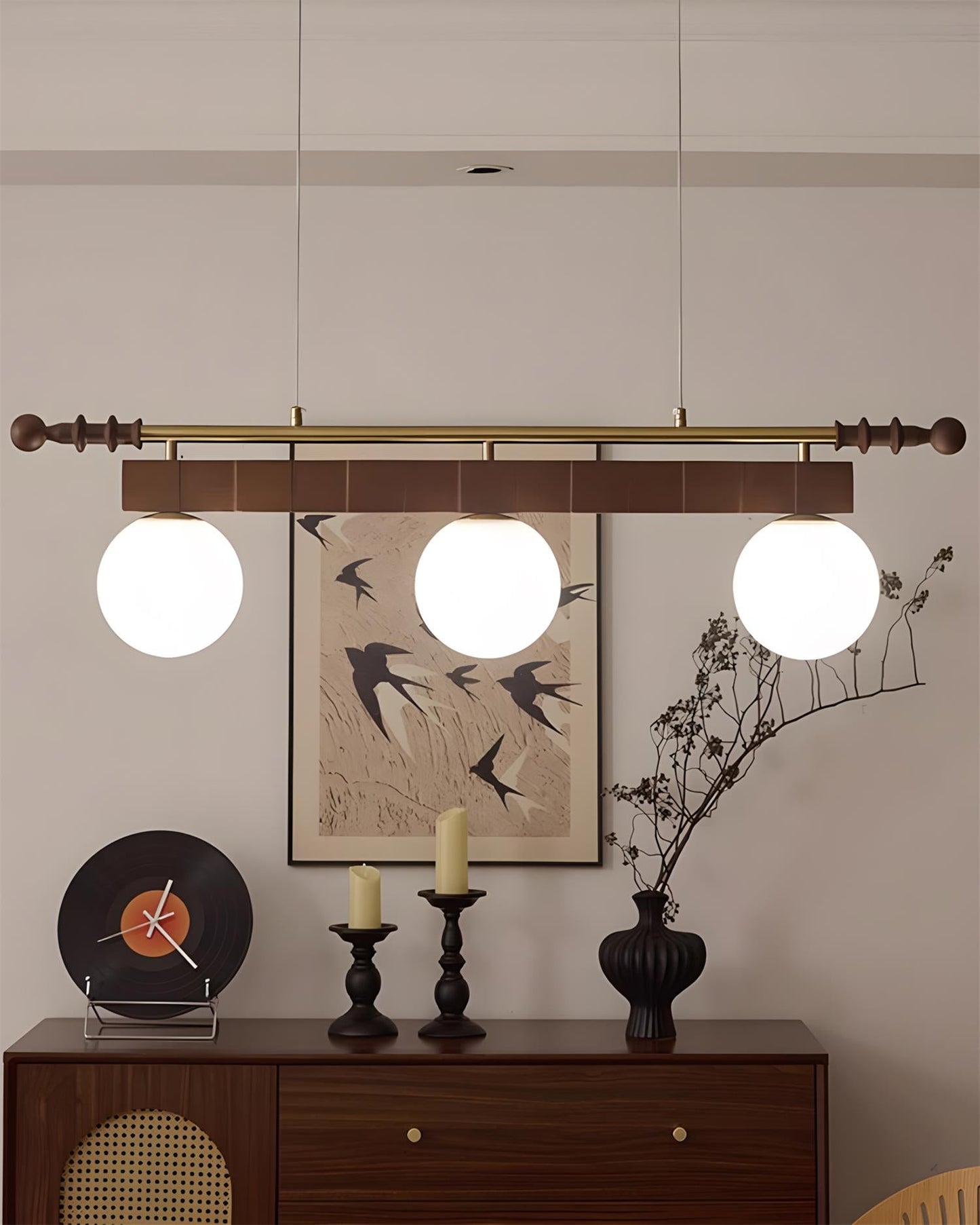 Adrienne Linear Chandelier, Opal Glass Globes with Wood Beam