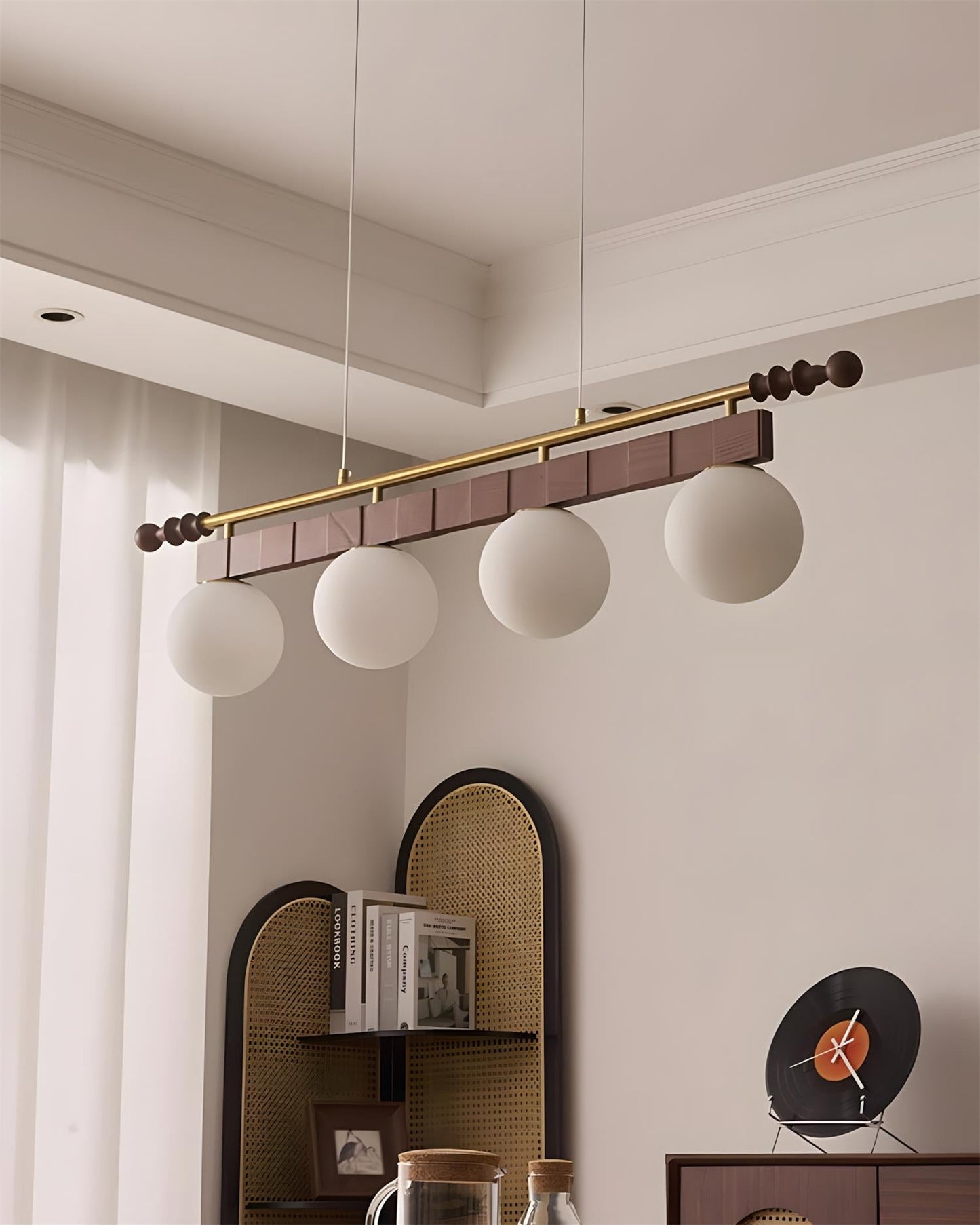 Adrienne Linear Chandelier, Opal Glass Globes with Wood Beam