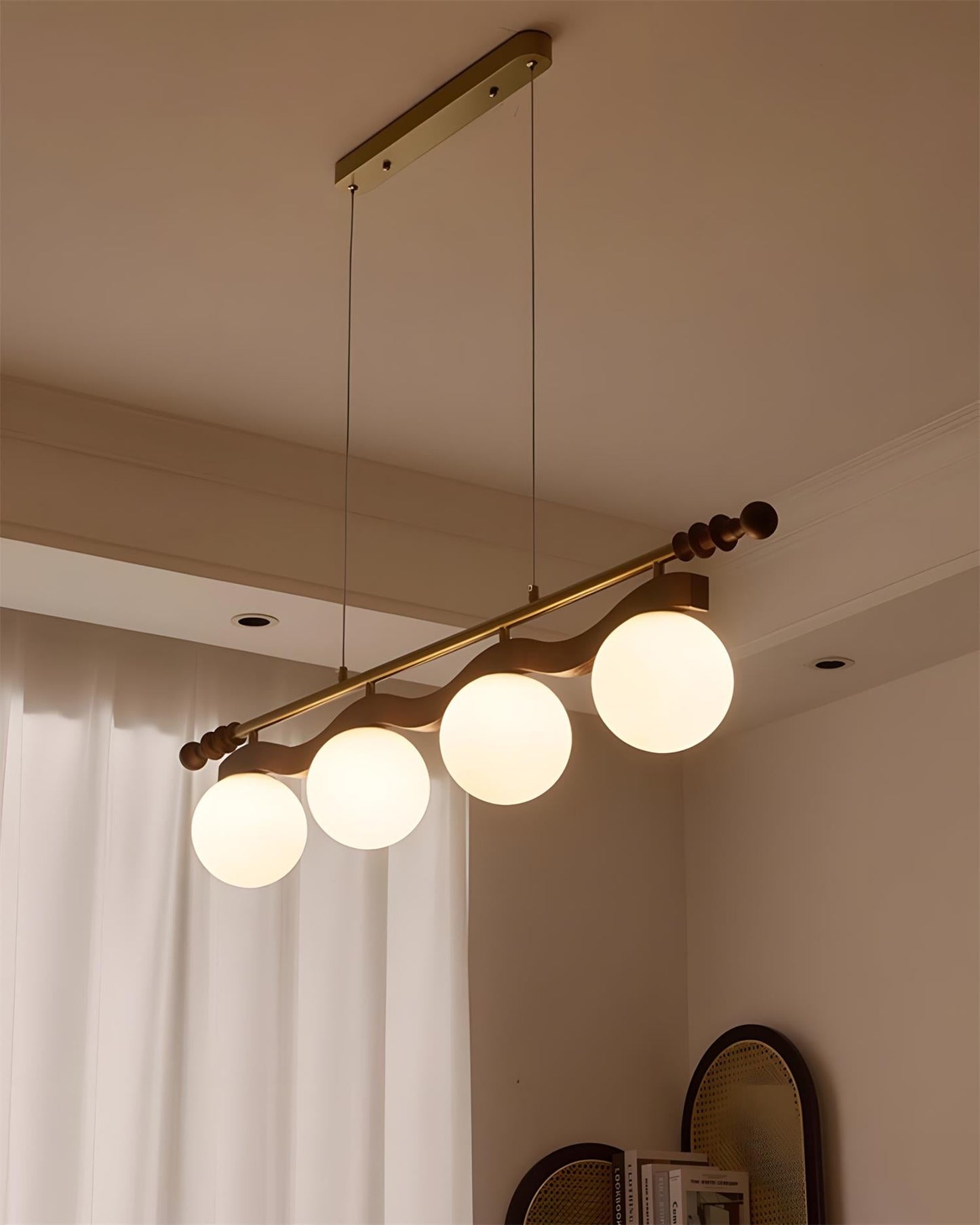Adrienne Linear Chandelier, Opal Glass Globes with Wood Beam