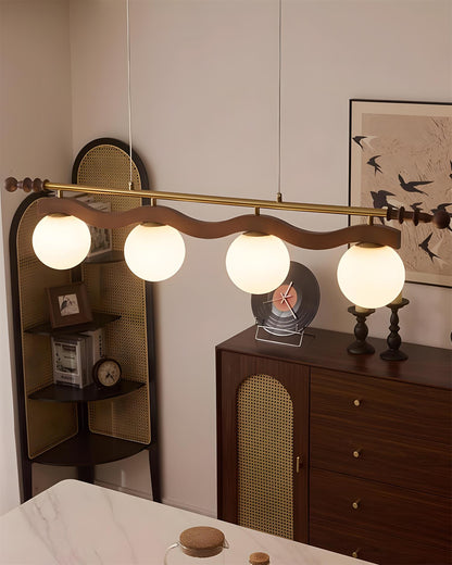 Adrienne Linear Chandelier, Opal Glass Globes with Wood Beam