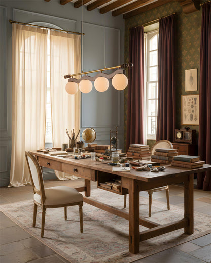 Adrienne Linear Chandelier, Opal Glass Globes with Wood Beam