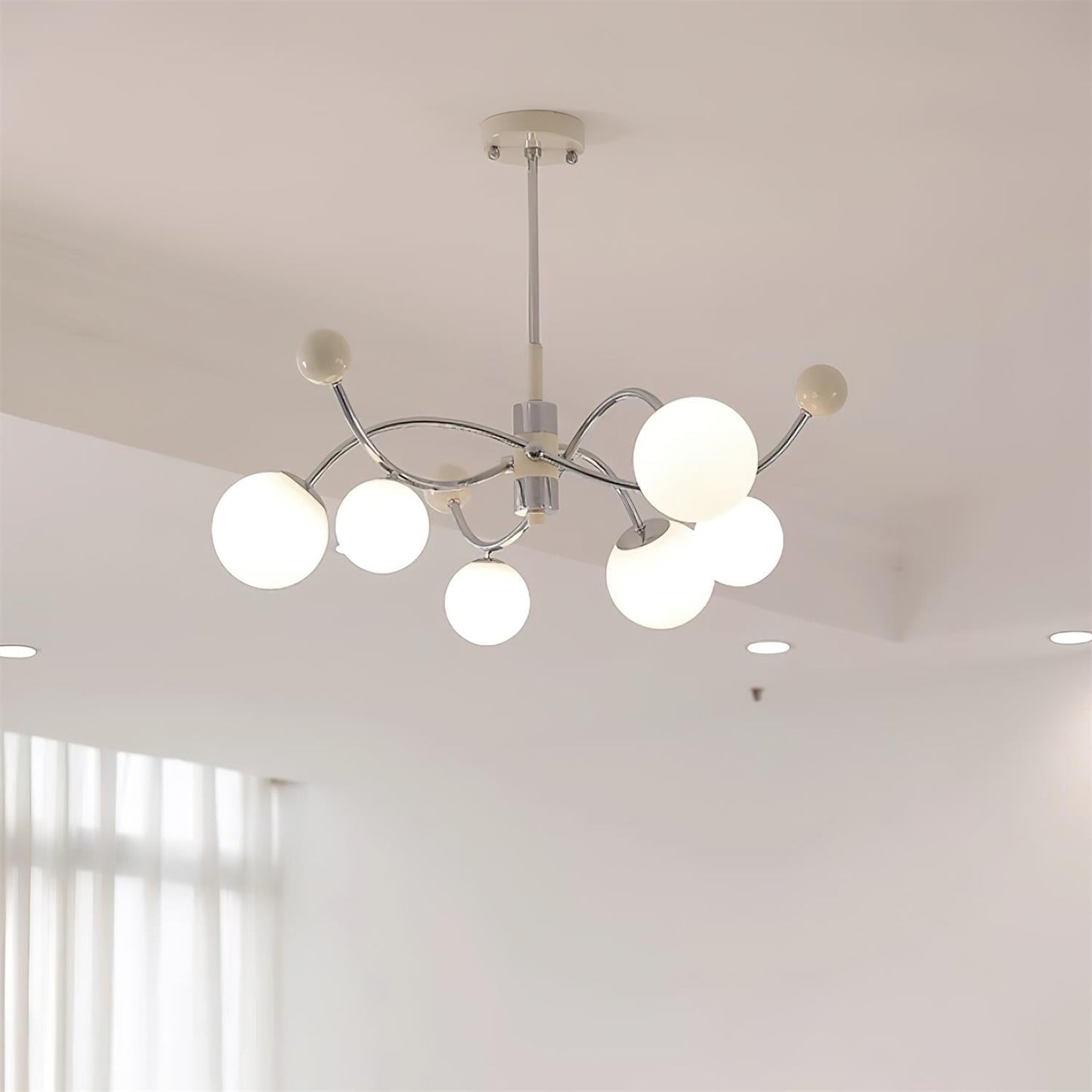 Juliette Chandelier, Modern Floating Frosted Orbs with Sleek Metallic Frame