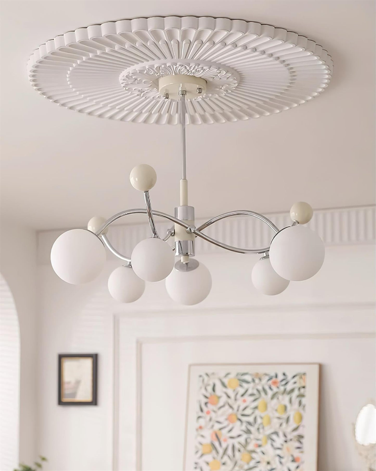 Juliette Chandelier, Modern Floating Frosted Orbs with Sleek Metallic Frame