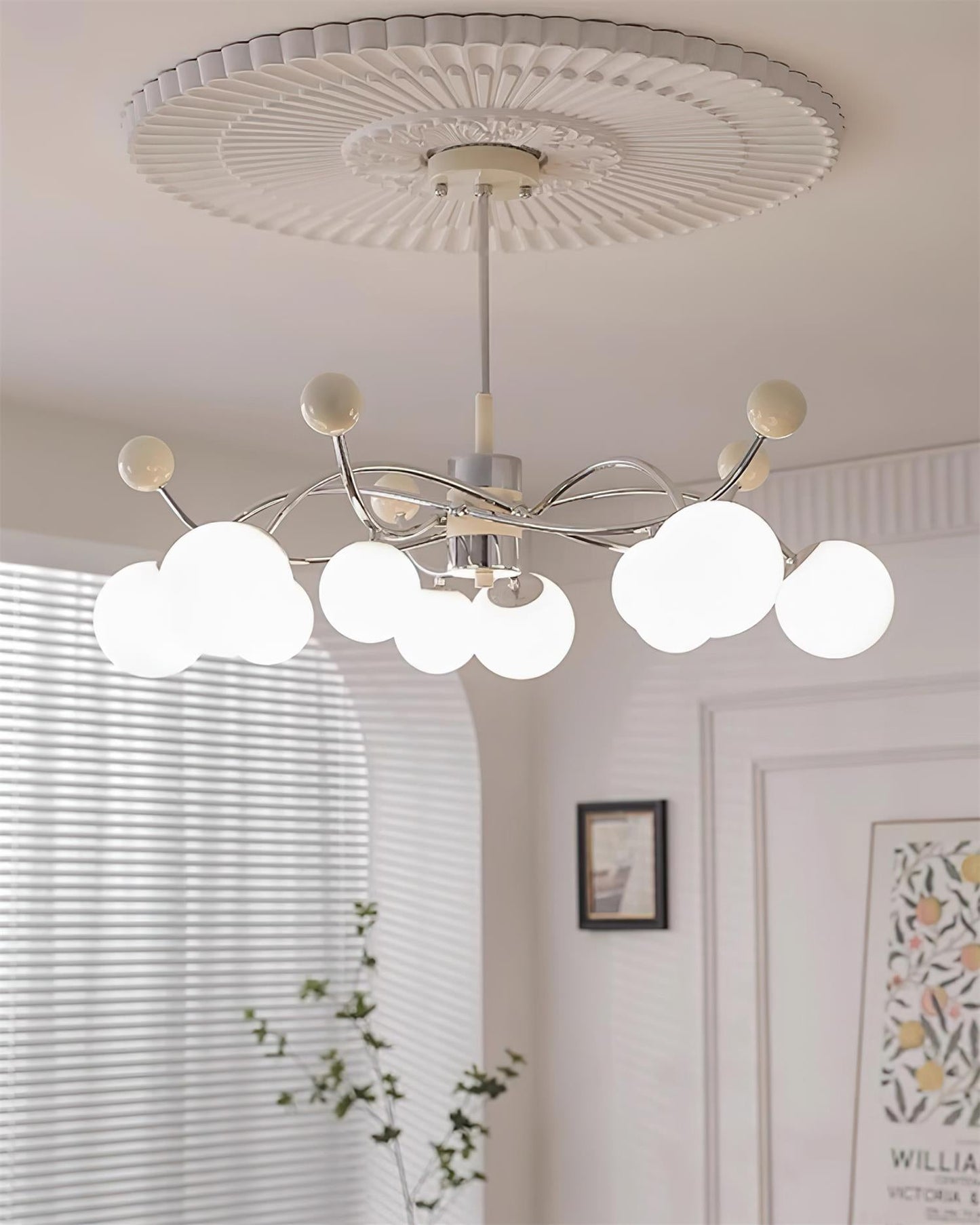 Juliette Chandelier, Modern Floating Frosted Orbs with Sleek Metallic Frame