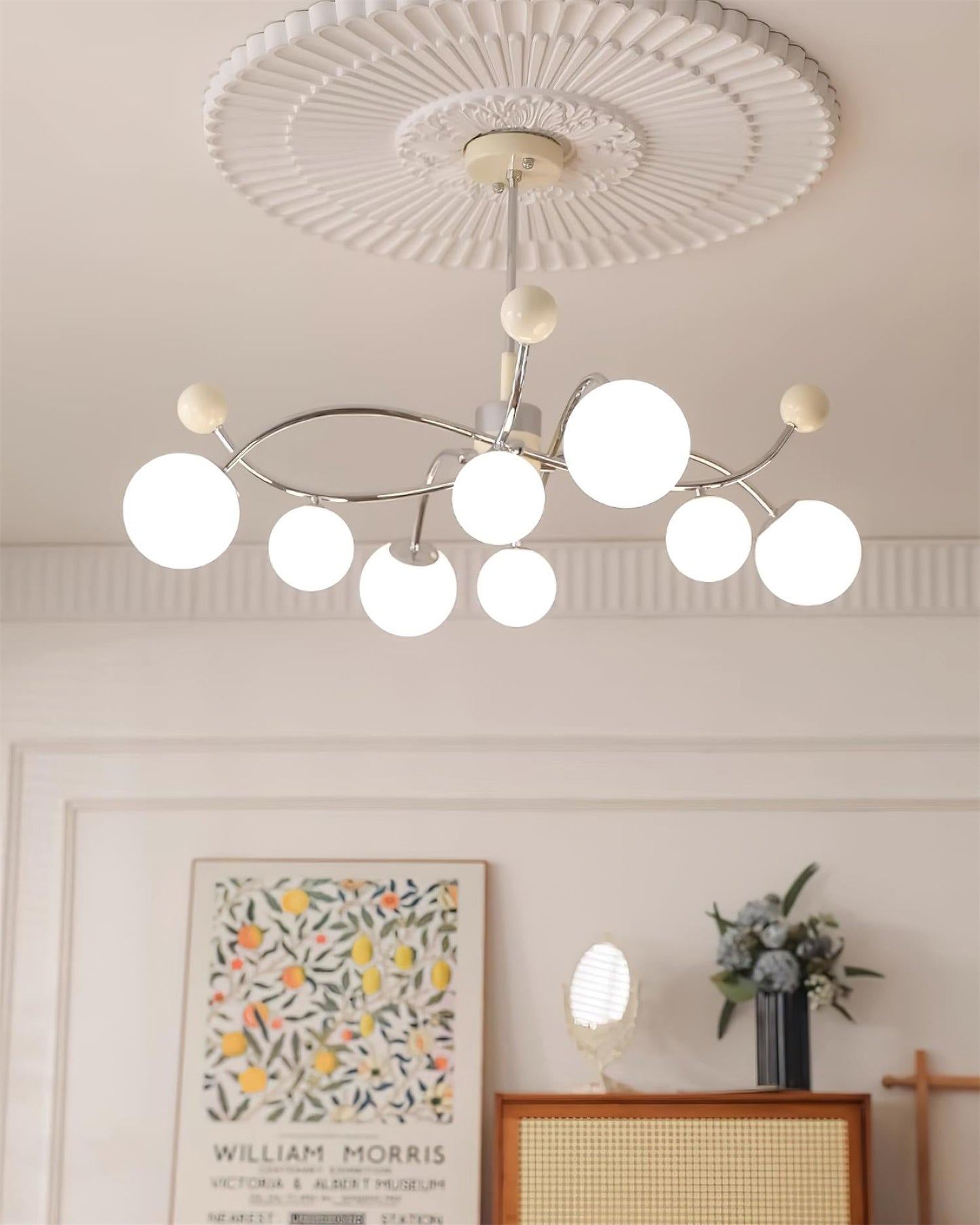Juliette Chandelier, Modern Floating Frosted Orbs with Sleek Metallic Frame